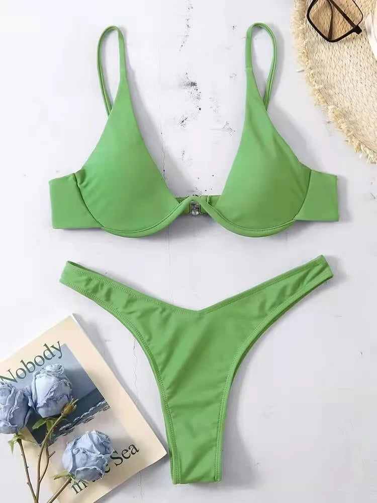 Sexy Underwire Bikini 2026 Mujer Women Solid Red Push Up Bra Thong Swimsuit Haler V Neck Bathing Suit Mini Micro Thong Swimwear