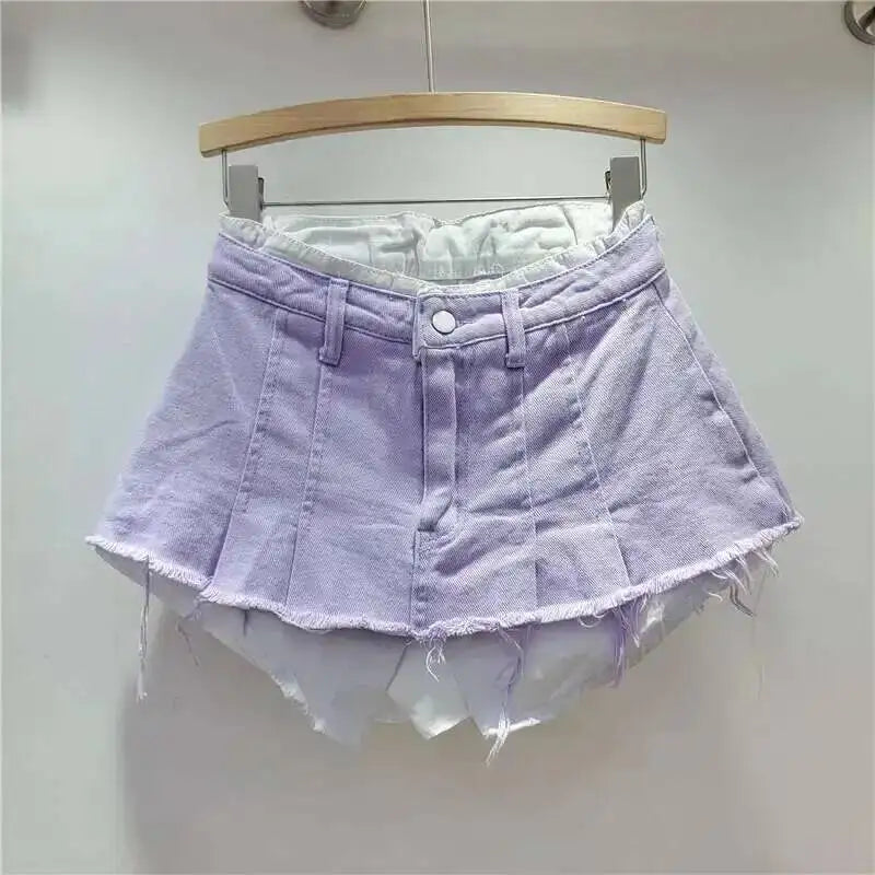 New Fashion Women's Irregular Fake Two-piece A-line Mini Denim Skirts 2026 Autumn Trendy High Waist Skirt Female Fashion XHV4
