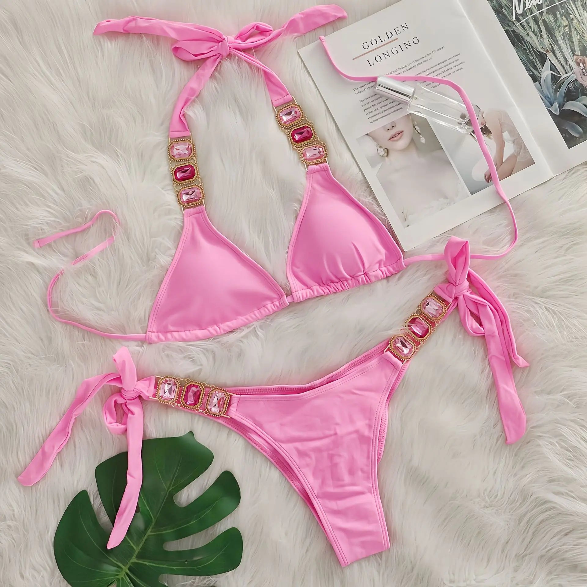 Sexy Rhinestone Bikini Set Women 2026 Luxury Pink Crystal Diamond Push Up Bandage Thong Swimsuit Beach Bathing Suit Swimwear