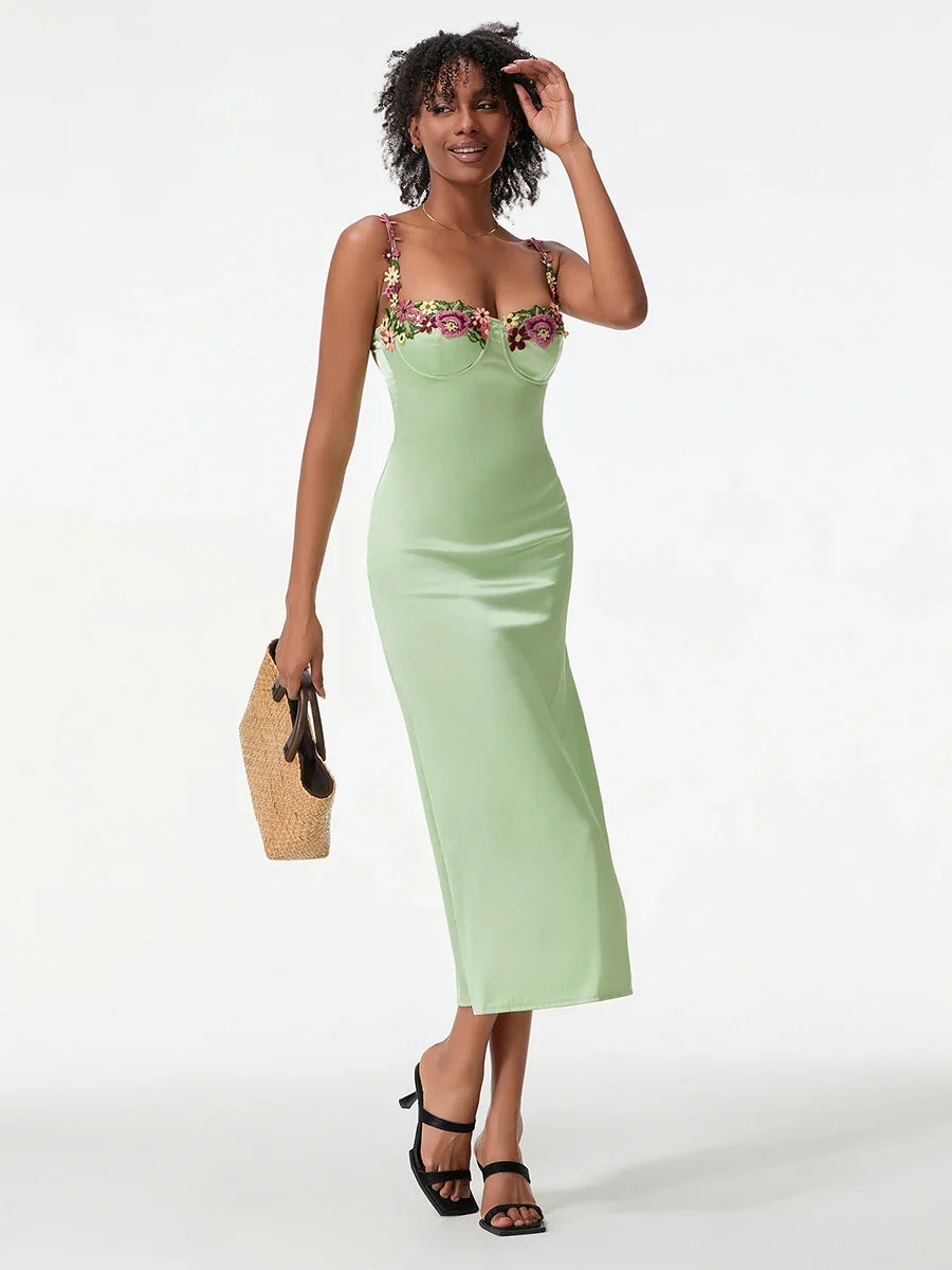 Satin Sling Bodycon Long Dress Women Flower Embroidery Sleeveless Spaghetti Strap Cocktail Dress Summer Party Club Skinny Dress
