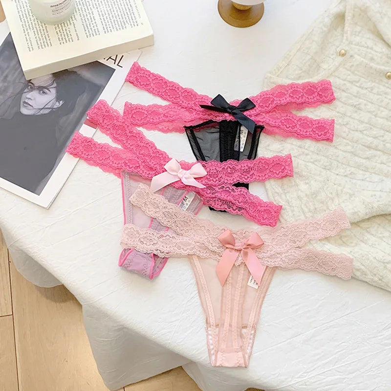 Lace G string Sexy Briefs Panties Women Underwear Thong High Quality Bowknot Transparent Underpants Lingerie Girls Intimates