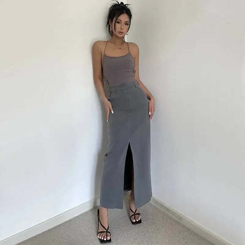 WOMENGAGA Retro High Waist Half Skirt Girl Bifurcate Slim A-LINE Gray Skirts Fashion American Spicy Girls 2023 New 5P2F