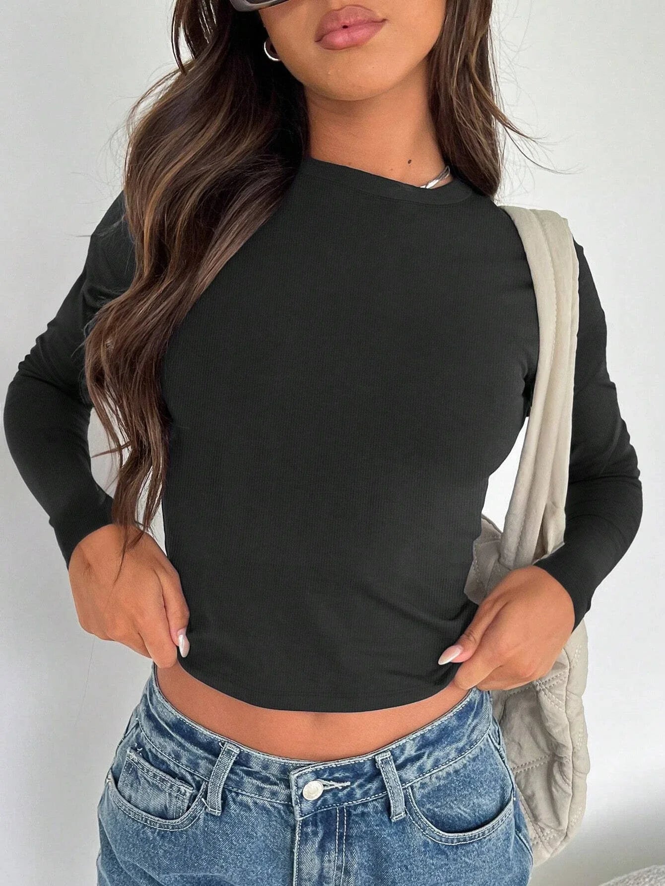 Women's Casual Solid Color Basic Slim Fit Long Sleeve T-Shirt Comfort O-Neck Crop Top Spring/Fall Streetwear