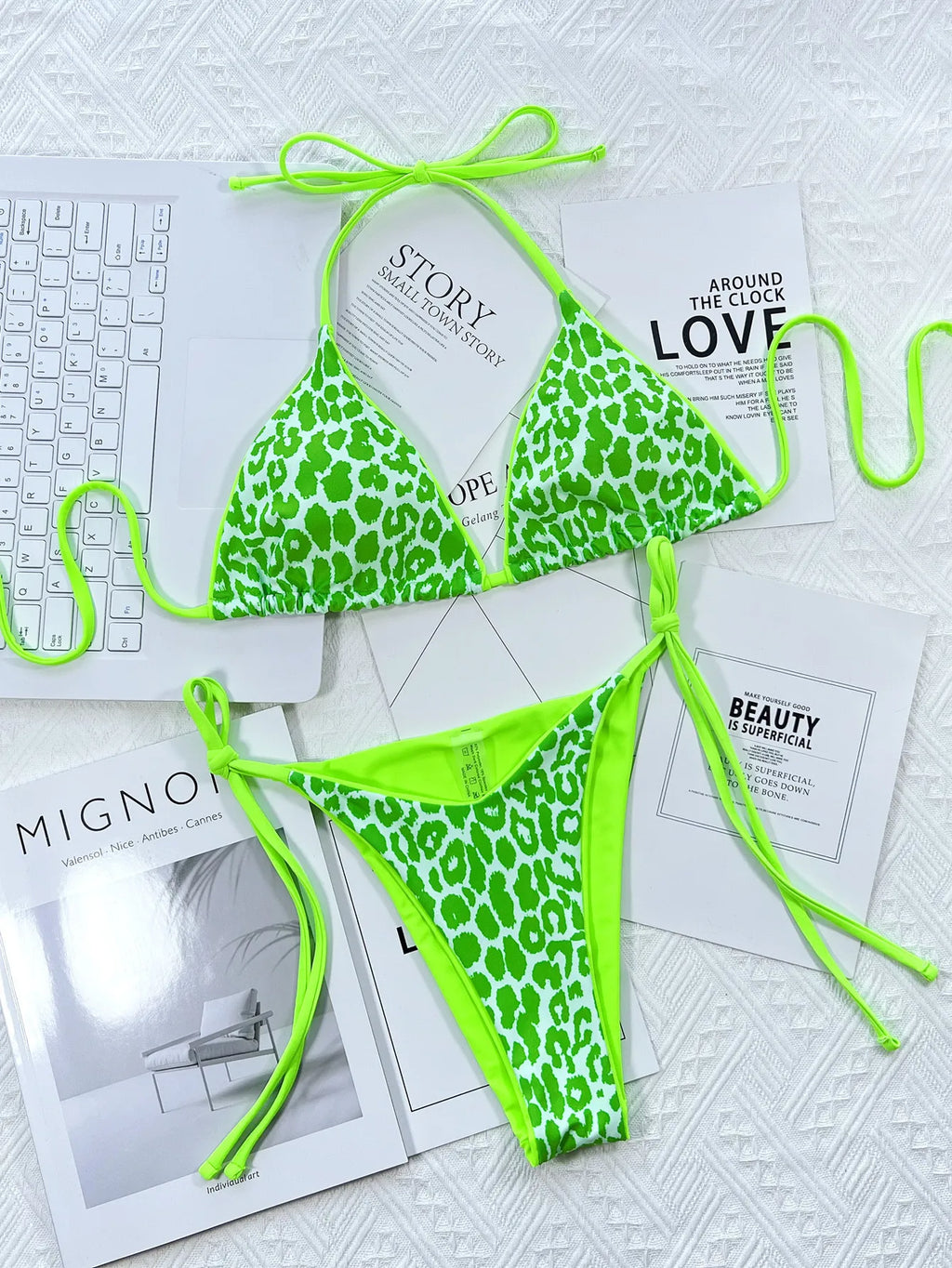 Sexy Mirco Bikini 2024 Women Neon Hot Pink Patchwork Triangle Swimsuit Beach Brazilian Bathing Suit Tie Side Thong Swimwear