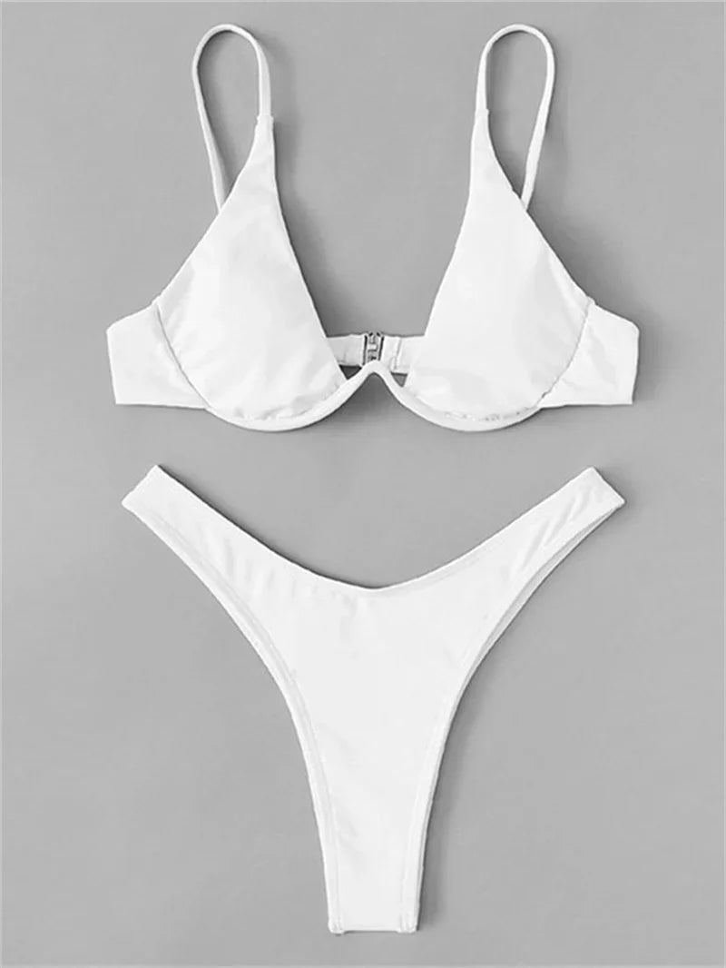Sexy Underwire Bikini 2026 Mujer Women Solid Red Push Up Bra Thong Swimsuit Haler V Neck Bathing Suit Mini Micro Thong Swimwear