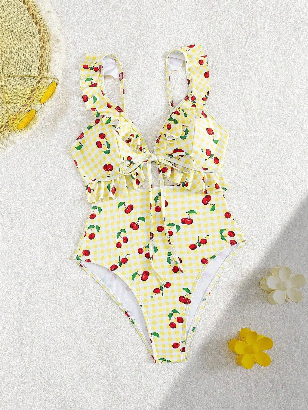 Vintage Pink Starberry Print One Piece Swimsuit 2026 Women Ruffles Bandage Cross High Waist Bikini Beach Bathing Suit Swimwear