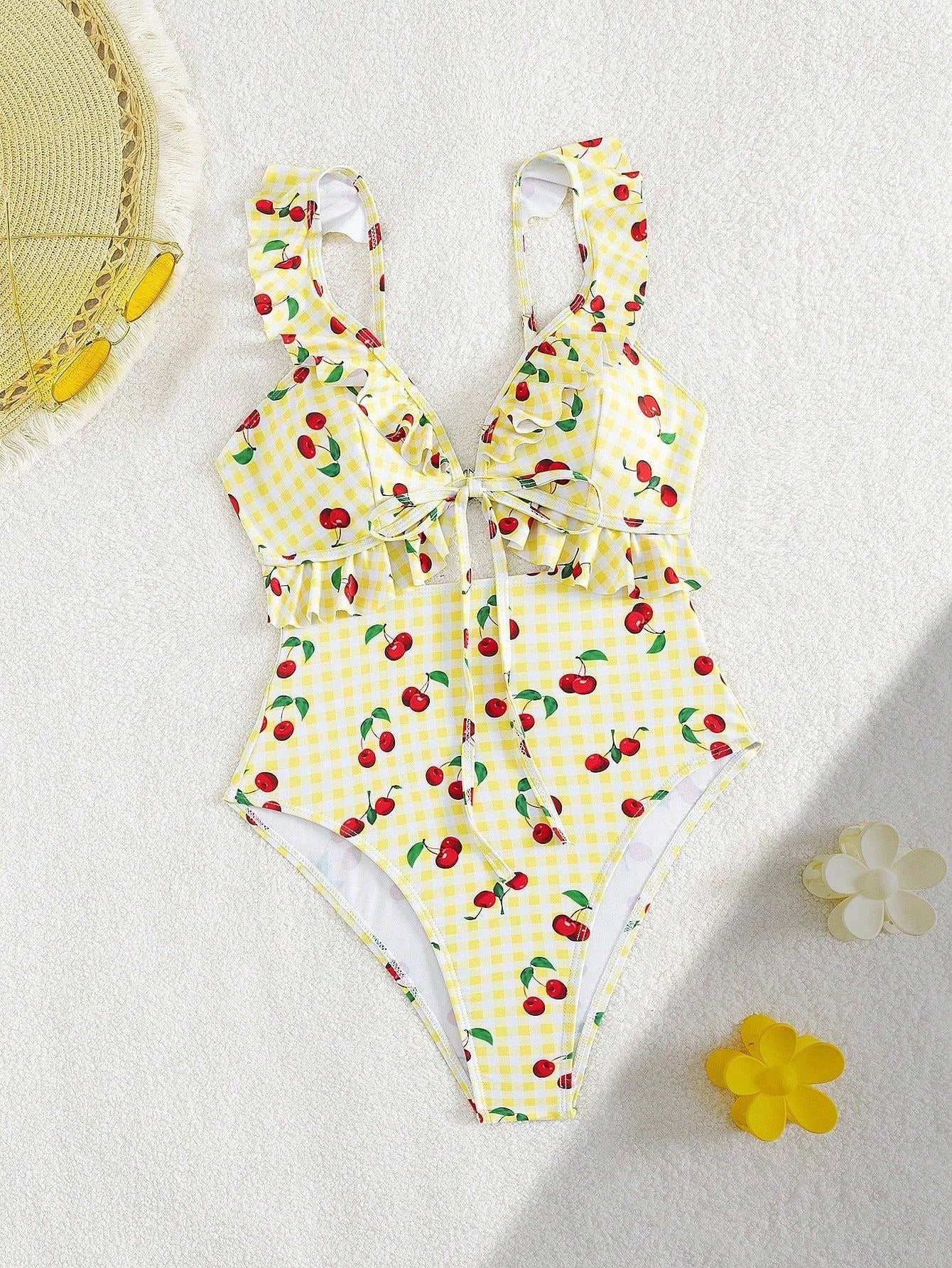 Vintage Pink Starberry Print One Piece Swimsuit 2026 Women Ruffles Bandage Cross High Waist Bikini Beach Bathing Suit Swimwear