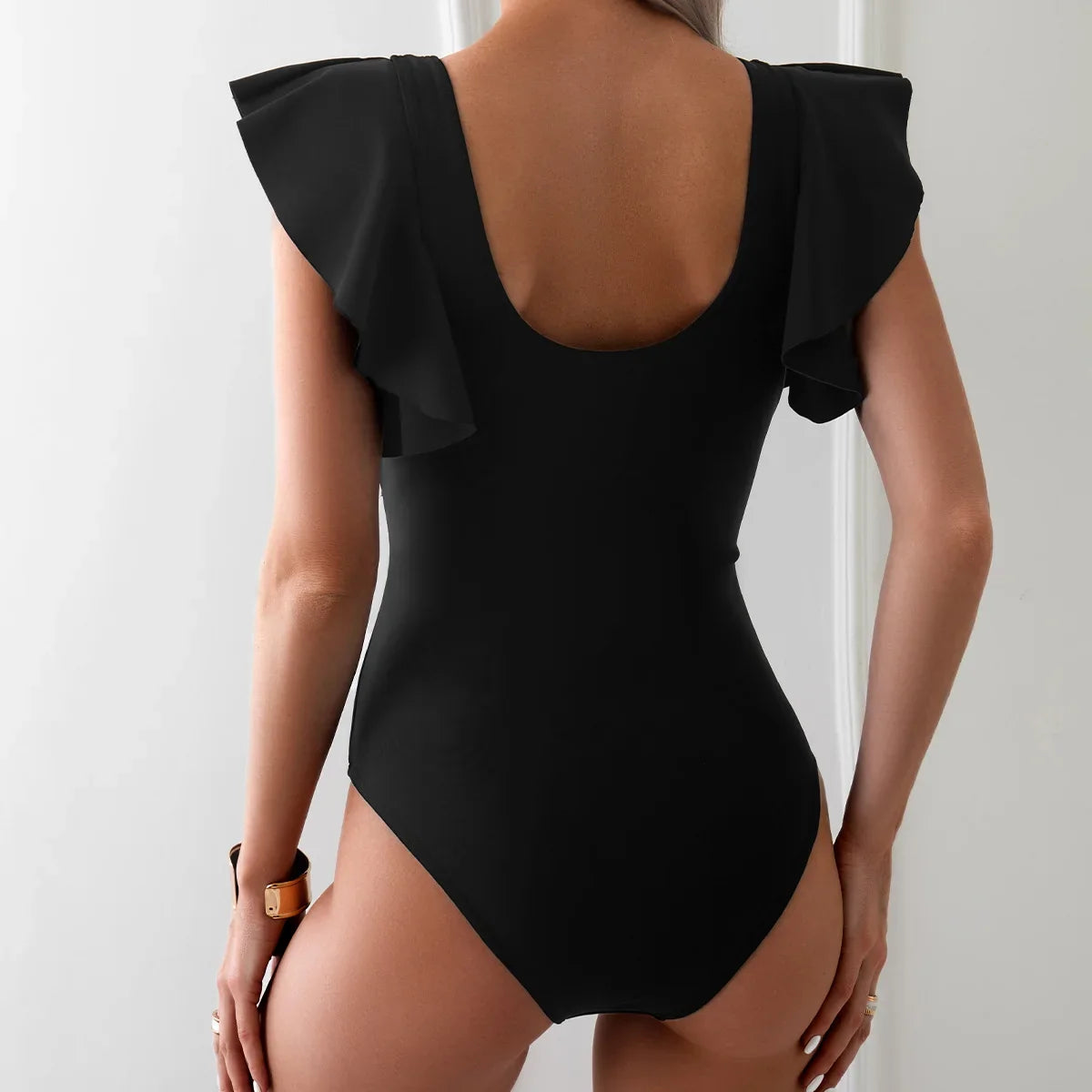 2026 Solid Women's Swimsuit Trend Tummy Control V Neck Sexy Black Bikini Ruched Bathing Suits Slim Fit Ruffle Sleeve Swimwear