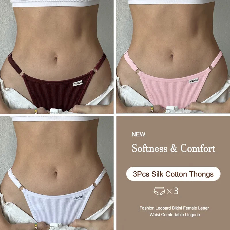 3PCS Women's Panties Cotton Thongs Adjustable Waist Sexy G-String Solid Color Seamless Intimate Female Underpants Lingerie S-XL