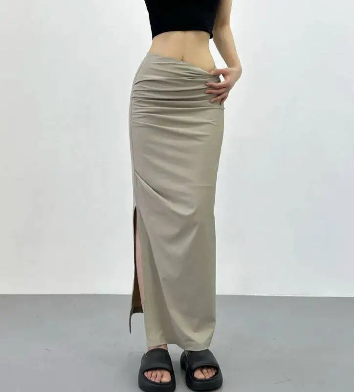 2026 New Pleated Side High Slit Half Length Skirt Women's Summer Spicy Girl Pure Desire Slim Wrap Hip Solid A-line Skirt 7MHN