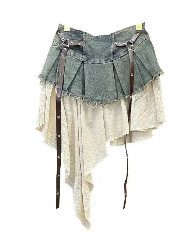Retro Spliced Denim Pleated Skirt For Women Summer New Temperament Hot Girl Fashionable High Waist A-line Skirt Fashion AS1C