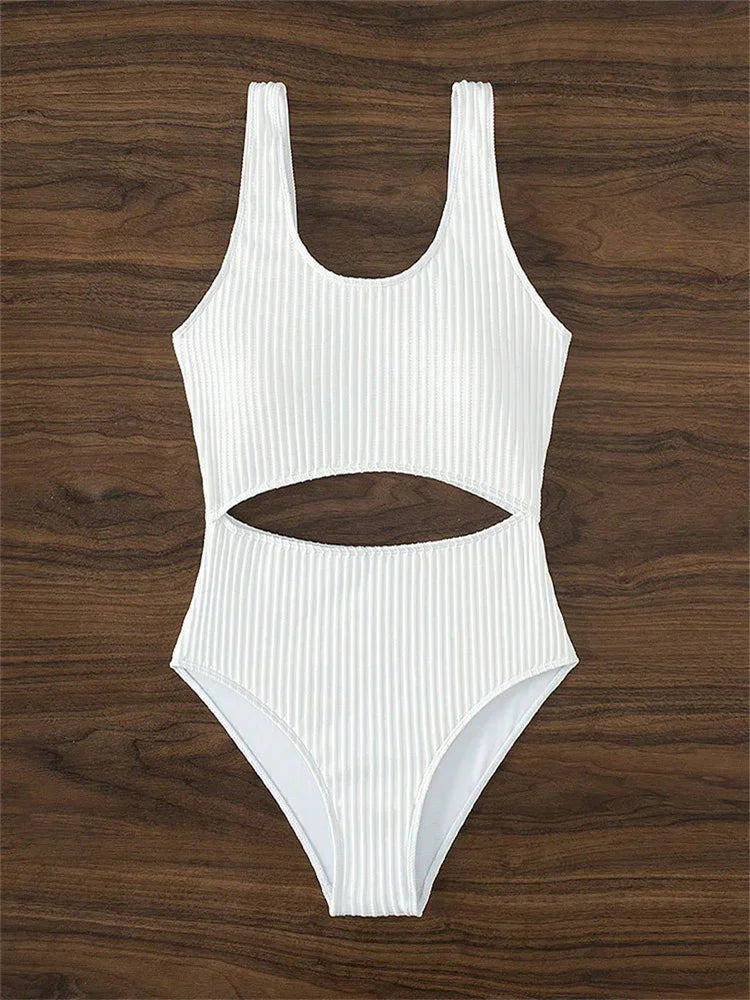 Sexy White One Piece Swimsuit Women New Hollow Out Swimwear 2024 Ribbed Bathing Suit Push Up Monokini Beach Swimming Suit Summer