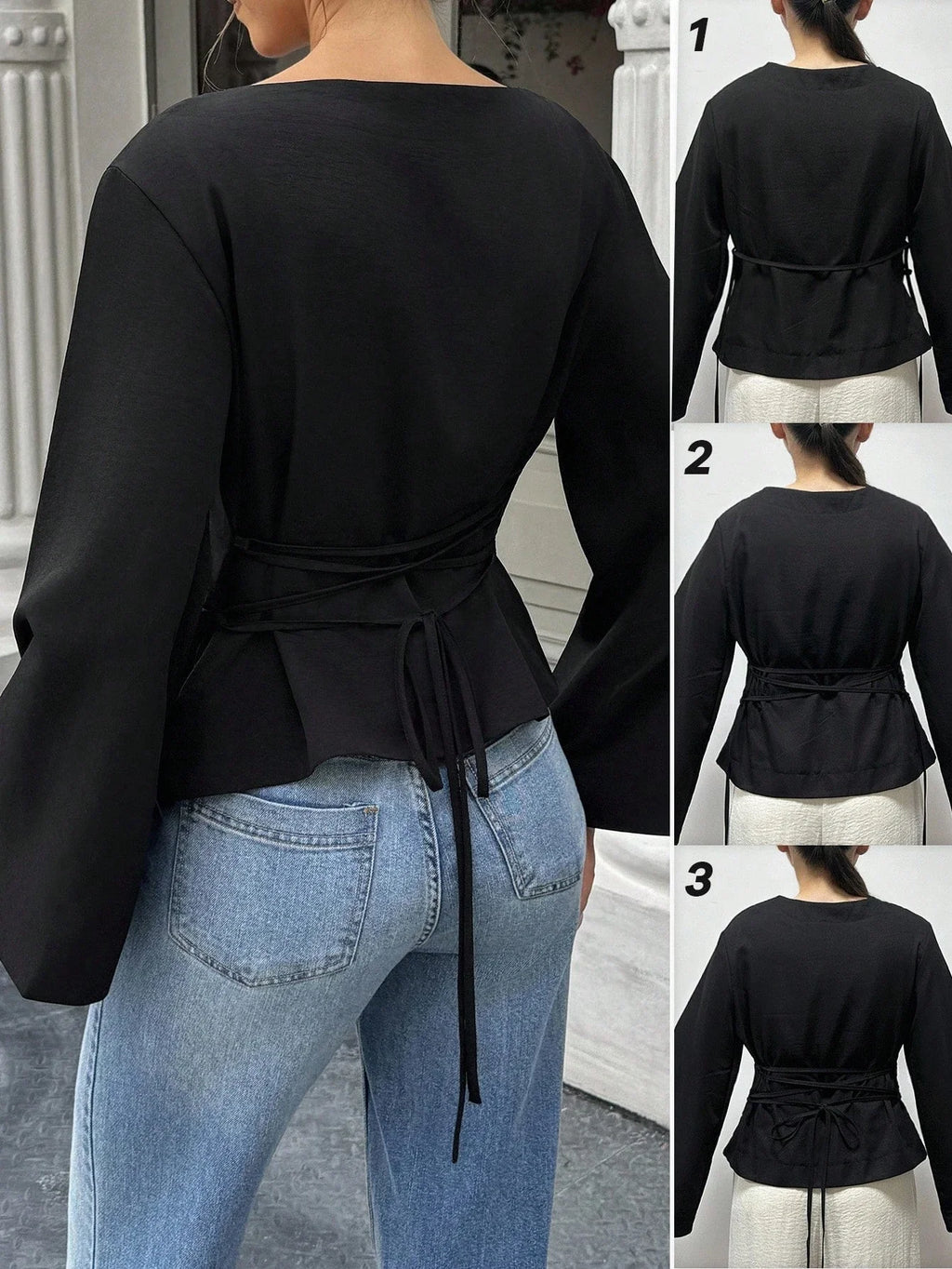 Women's Casual Solid Color Boat Neck Flare Sleeve T-Shirt Elegant Back Tie Slim Fit Long Sleeve Tops Spring/Fall