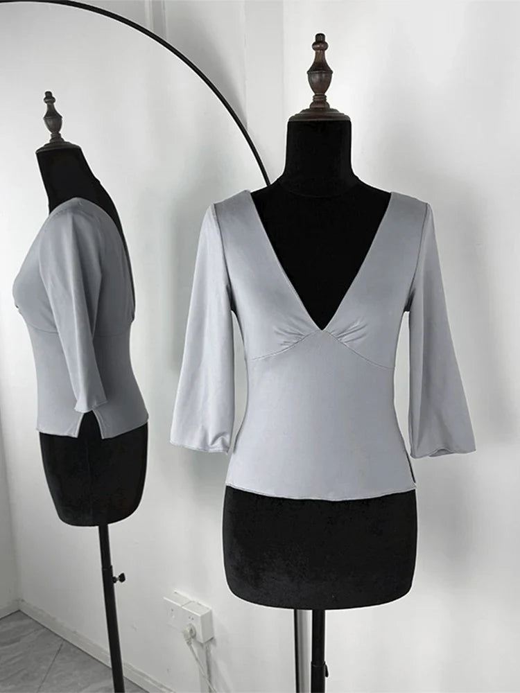 Trendix V Neck Slim Long Sleeve Tops Women 2026 Spring Casual Vintage Bodycon Pullover Top Party Retro Office Basic Backless Top