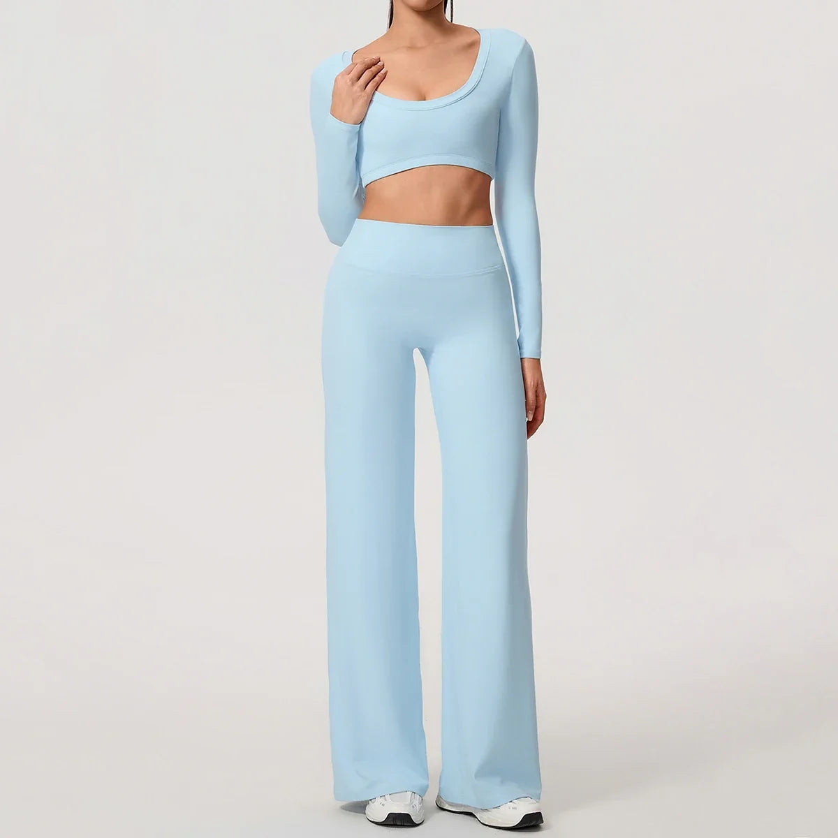 Hearuisavy Sports Set 2Pcs Women's  Long Sleeve Backless Fitted Fitness Top Push Up Pilates Yoga Top Wide Leg Straight Leg Pants