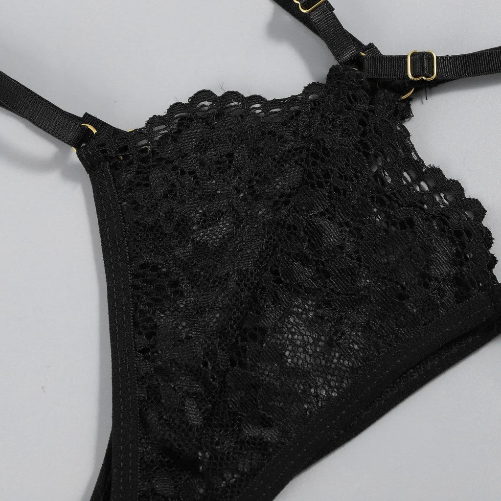 3PCS Lace See Through Bra Set Women Sexy Lingerie Underwear Halter Tops Bra and Panties Garter Intimate Sex Costumes