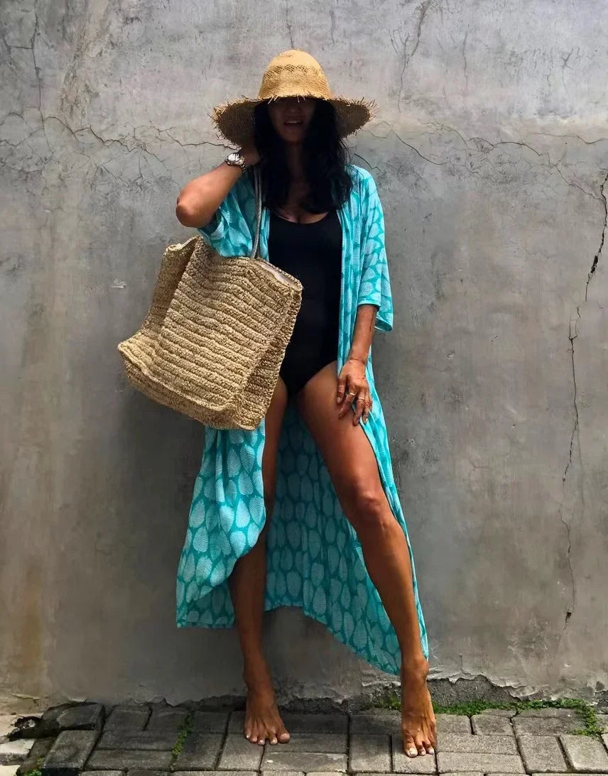 2024 New Summer Sexy Beach Kimono Swimwear Cotton Cover Up Swimsuit Women Print Bikini Cover Up Beachwear Dress Robe