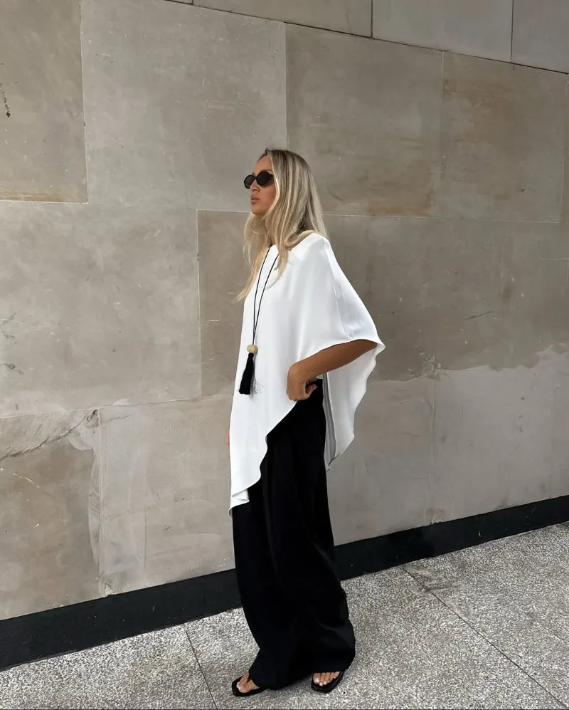 Trendix White Asymmetrical Cover Up For Women Fashion Ruffle Hem Loose Short Sleeve Shirts Casual Elegant Commuting Pullover Top