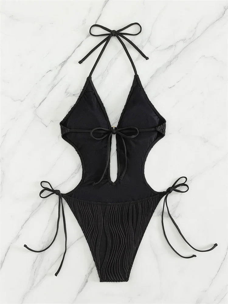 One Piece Swimsuit for Women 2024 Lace Patchwork Green Hollow Out Thong Swimwear Beach Bathing Suit Tie Side Backless Monokini