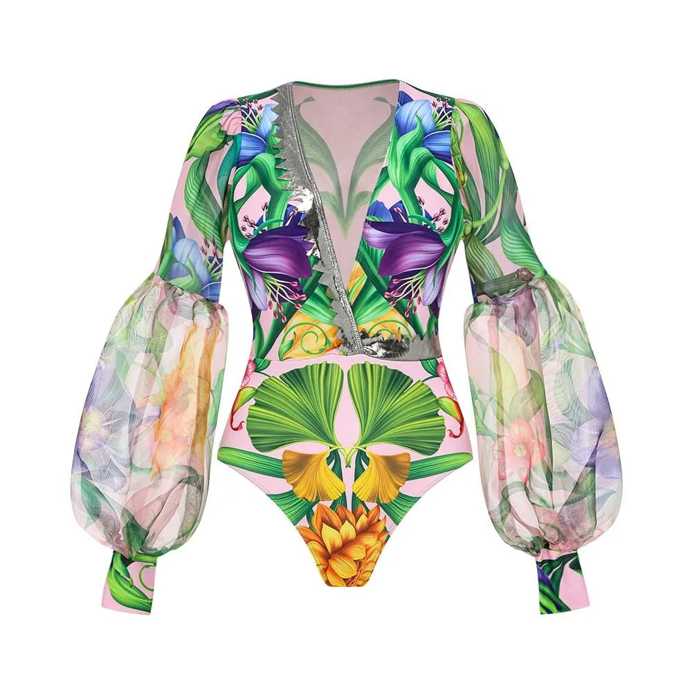Vintage Green Floral Print Swimsuit Long Skirt Set Women Sexy Mesh Long Sleeve V Neck Tummy Control Holiday One Piece Swimsuit