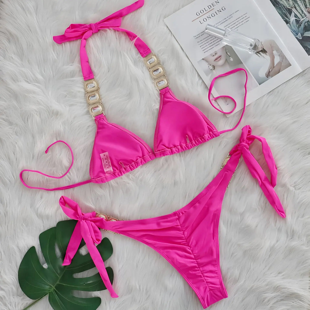 Sexy Rhinestone Bikini Set Women 2026 Luxury Pink Crystal Diamond Push Up Bandage Thong Swimsuit Beach Bathing Suit Swimwear