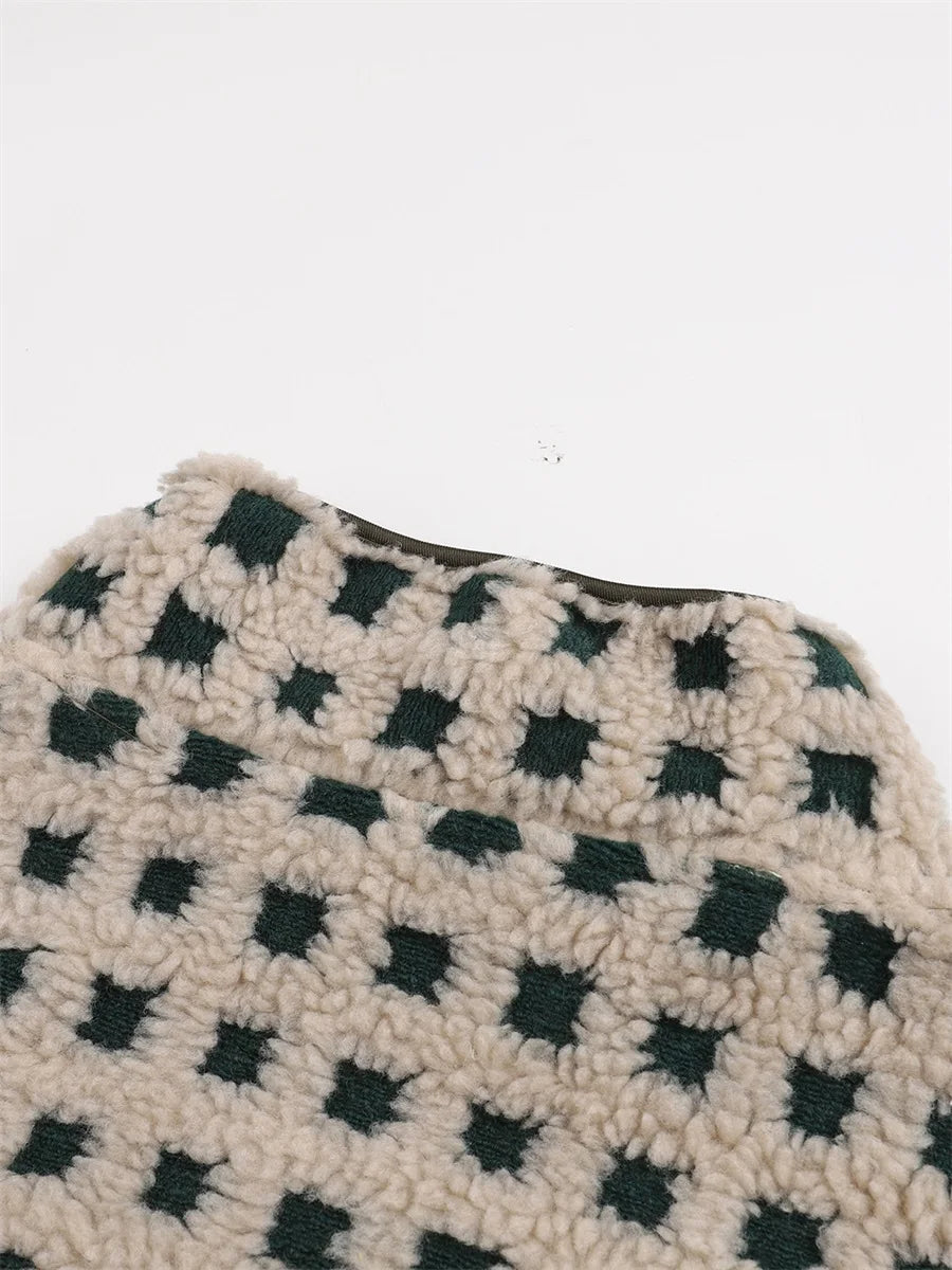 Women’s Fuzzy Checkered Vest Sleeveless Stand Collar Zip Up Vest Jacket Loose Spring Fall Warm Outwear