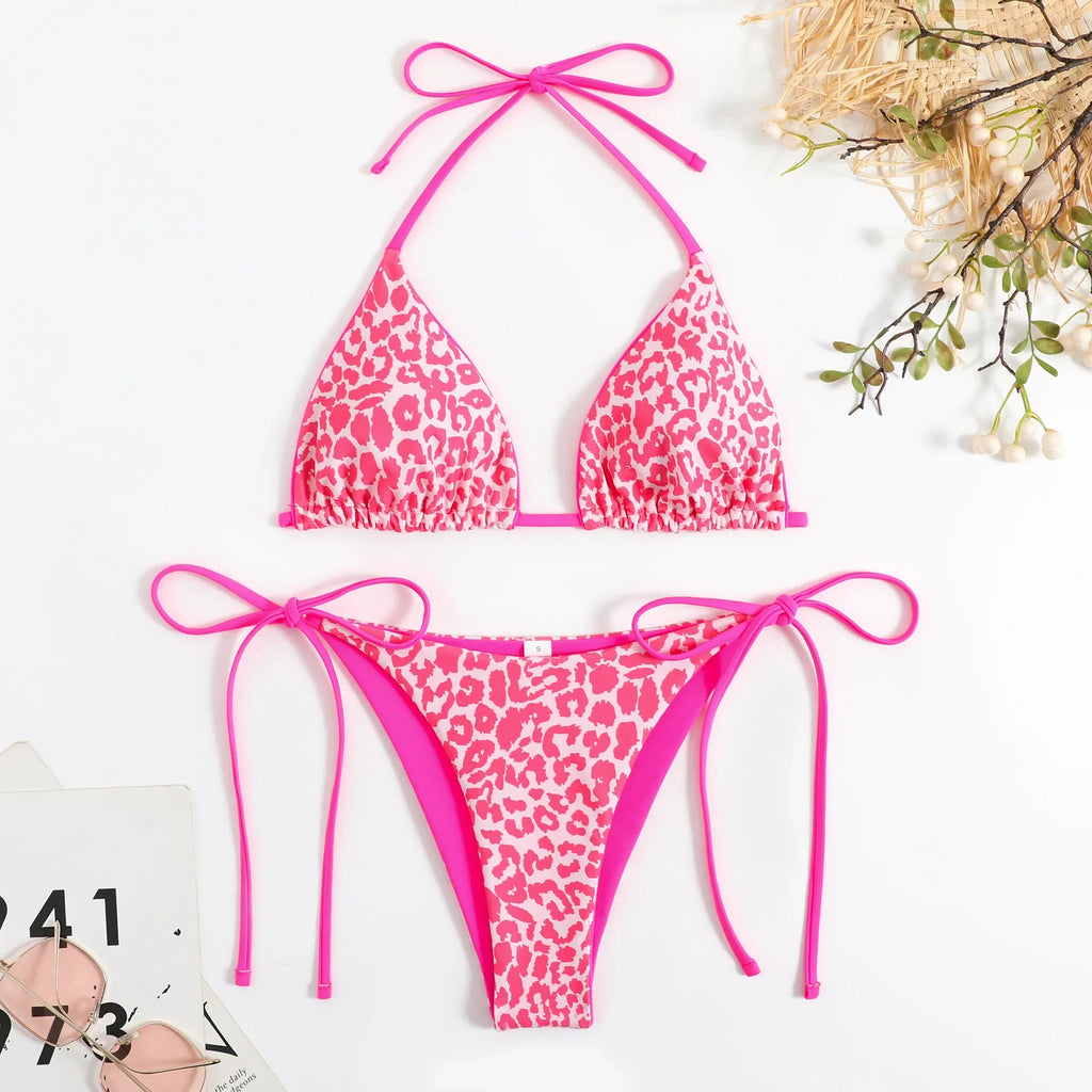 Sexy Micro Bikini 2025 Women Pink Leopard Print Neon Double Side Push Up Swimsuit Brazilian Beach Bathing Suit Thong Swimwear