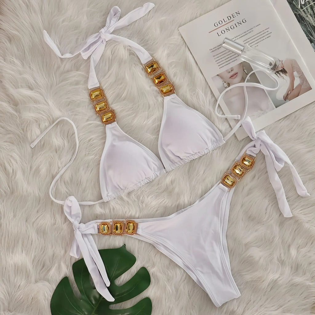Sexy Rhinestone Bikini Set Women 2026 Luxury Pink Crystal Diamond Push Up Bandage Thong Swimsuit Beach Bathing Suit Swimwear