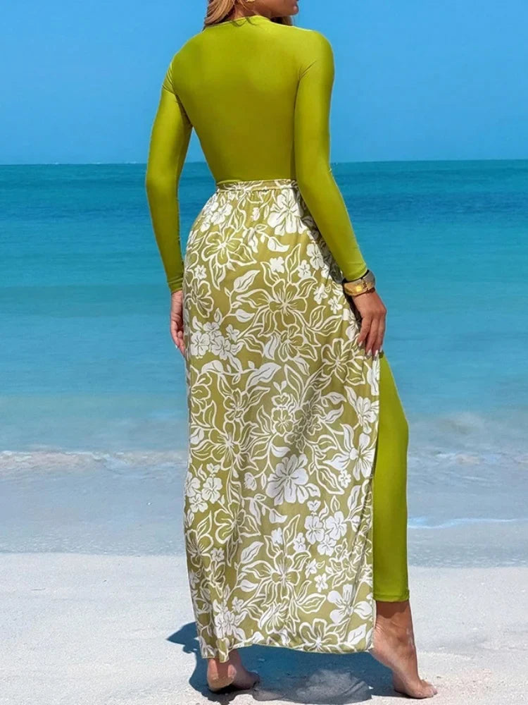 Vintage Mesh Skirt One Piece Swimwear Set 2026 Women Zipper Long Sleeve Shirts High Waist Panties Swimsuit Beach Bathing Suits