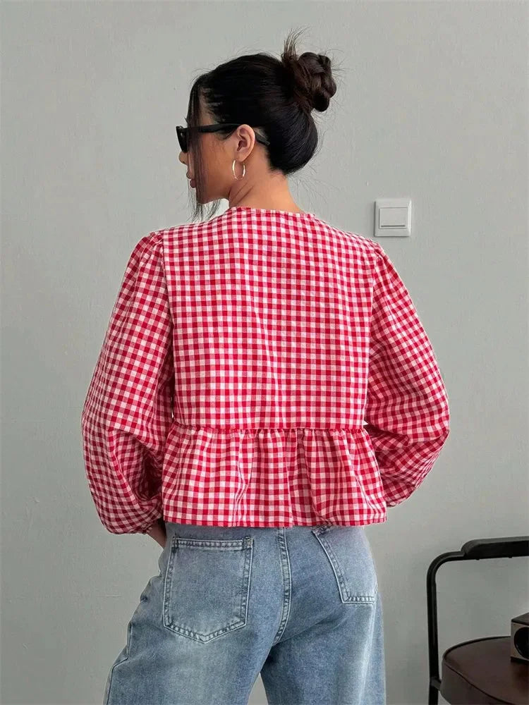 Plaid Lantern Long Sleeve Blouse for Women Spring Autumn Y2K Clothes Sweet Style Loose Knot Front Round Neck Top Streetweawr