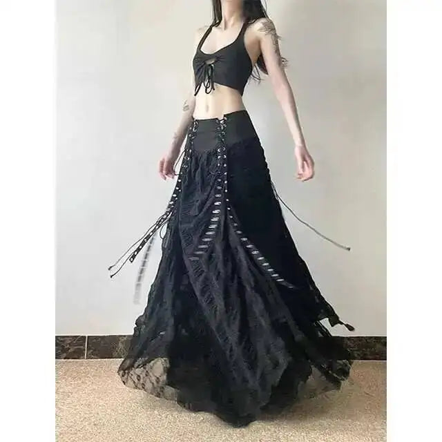 Y2K Lace Mesh Long Skirt Women Harajuku Vintage Patchwork Bandage Black Skirts Gothic Aesthetic High Waist Chic Long Skirts ODU6