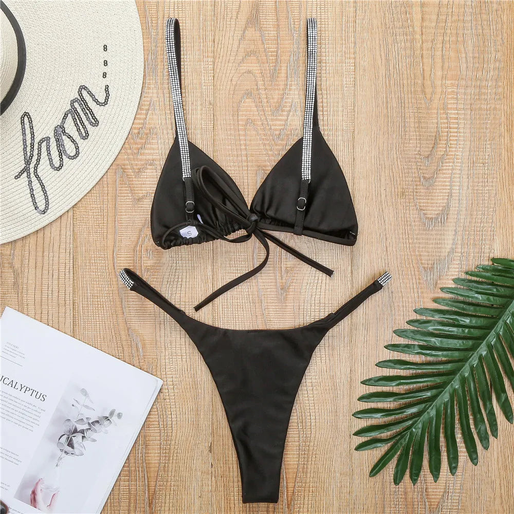 Diamond Swimwear Women 2025 Sexy Pink Micro Bikini Brazilian Black Rhinestone Thong Swimsuits Beach Push Up Bathing Suit Biquini