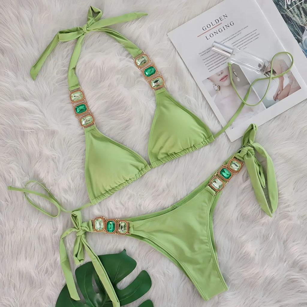 Sexy Rhinestone Bikini Set Women 2026 Luxury Pink Crystal Diamond Push Up Bandage Thong Swimsuit Beach Bathing Suit Swimwear