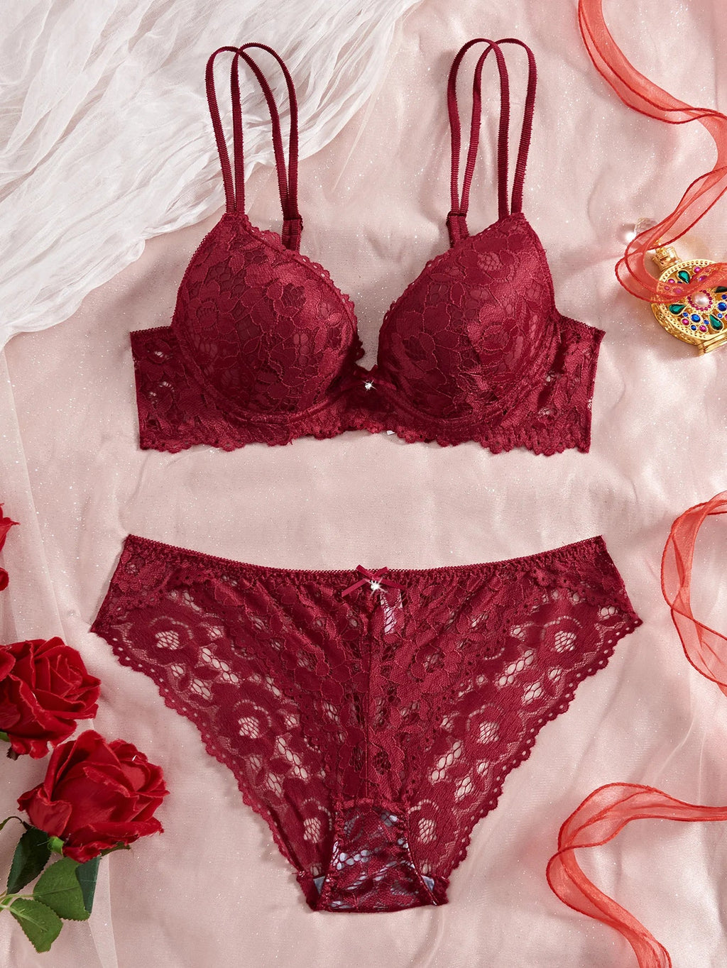 6-Piece Set Lace Women's Underwear Set No Lining Lace Push up Bra Comfortable Fitting Sexy Mesh Lace Panties Women's Bra Set