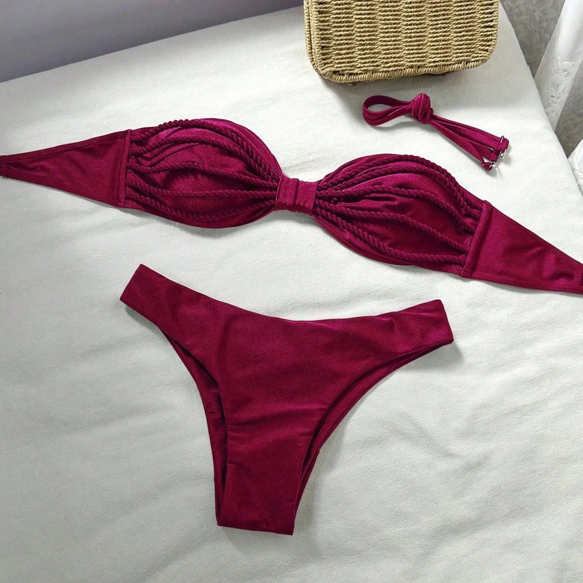 Sexy Bandeau Bikini 2026 Women Coffee Braiding Rope Pleate Tie Push Up High Waist Swimsuit Beach Holiday Bathing Suit Swimwear