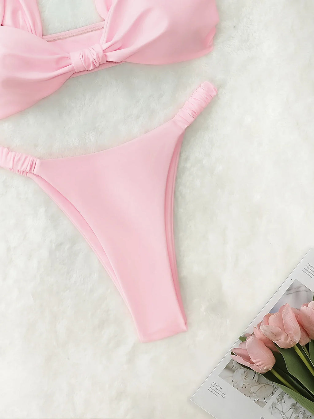2026 Swimwear Women Halter Low Cut Bikini Set Solid Pleated Split Swimsuit Sexy Thongs Summer New Holiday Bathing Suit