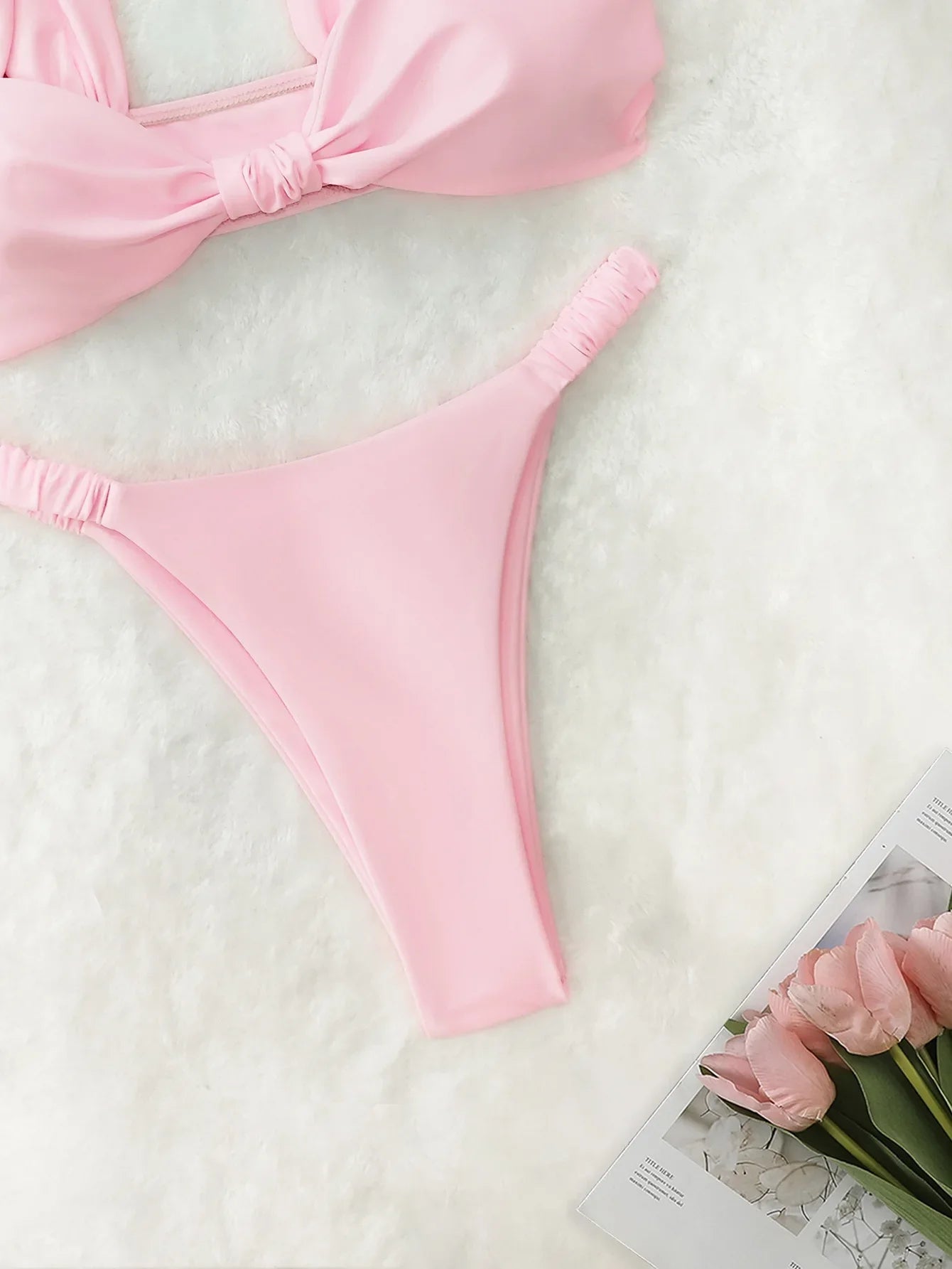 2026 Swimwear Women Halter Low Cut Bikini Set Solid Pleated Split Swimsuit Sexy Thongs Summer New Holiday Bathing Suit