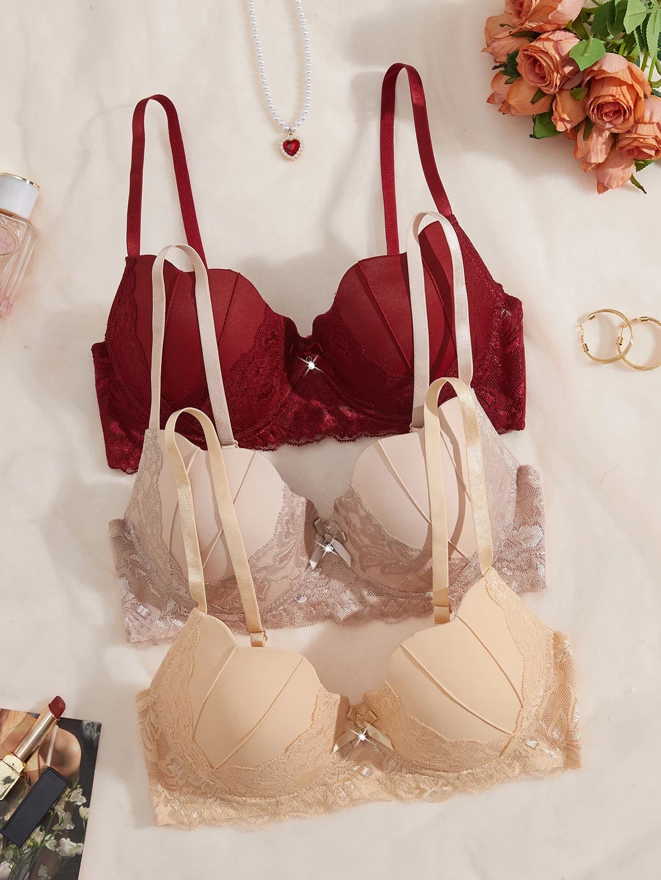 3, 6Pcs Elegant Bow Women's Underwear Set Lace Spliced Push up Bras French Soft Women's Bra Lingerie Underwear