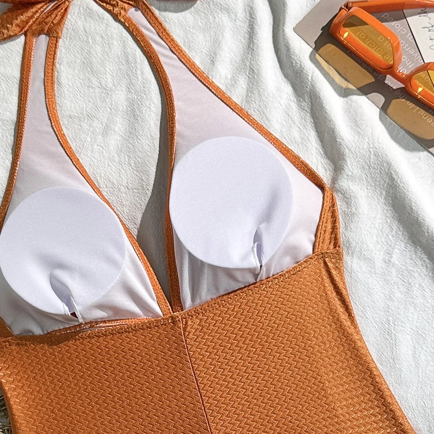 New Deep V Neck One Piece Swimsuit 2026 Women Orange White Pleate Tummy Control Swimwear Beach Holiday Bathing Suit Monokini