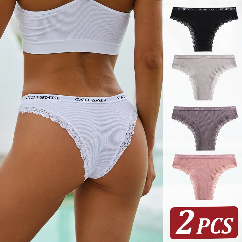 FINETOO 2Pcs/Set Women Cotton Brazilian Panties Plus Size M-2XL Lingerie Sexy Lace Underwear Low Rise Girls Intimates Underpants