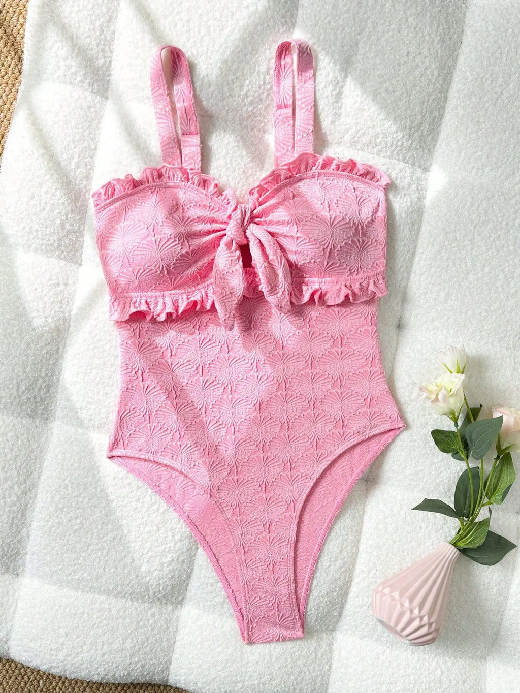 Vintage Pink Floral Swimwear Women 2026 Women Front Tie Ruffles Tummy Control One Piece Swimsuit Beach Holiday Bathing Suits
