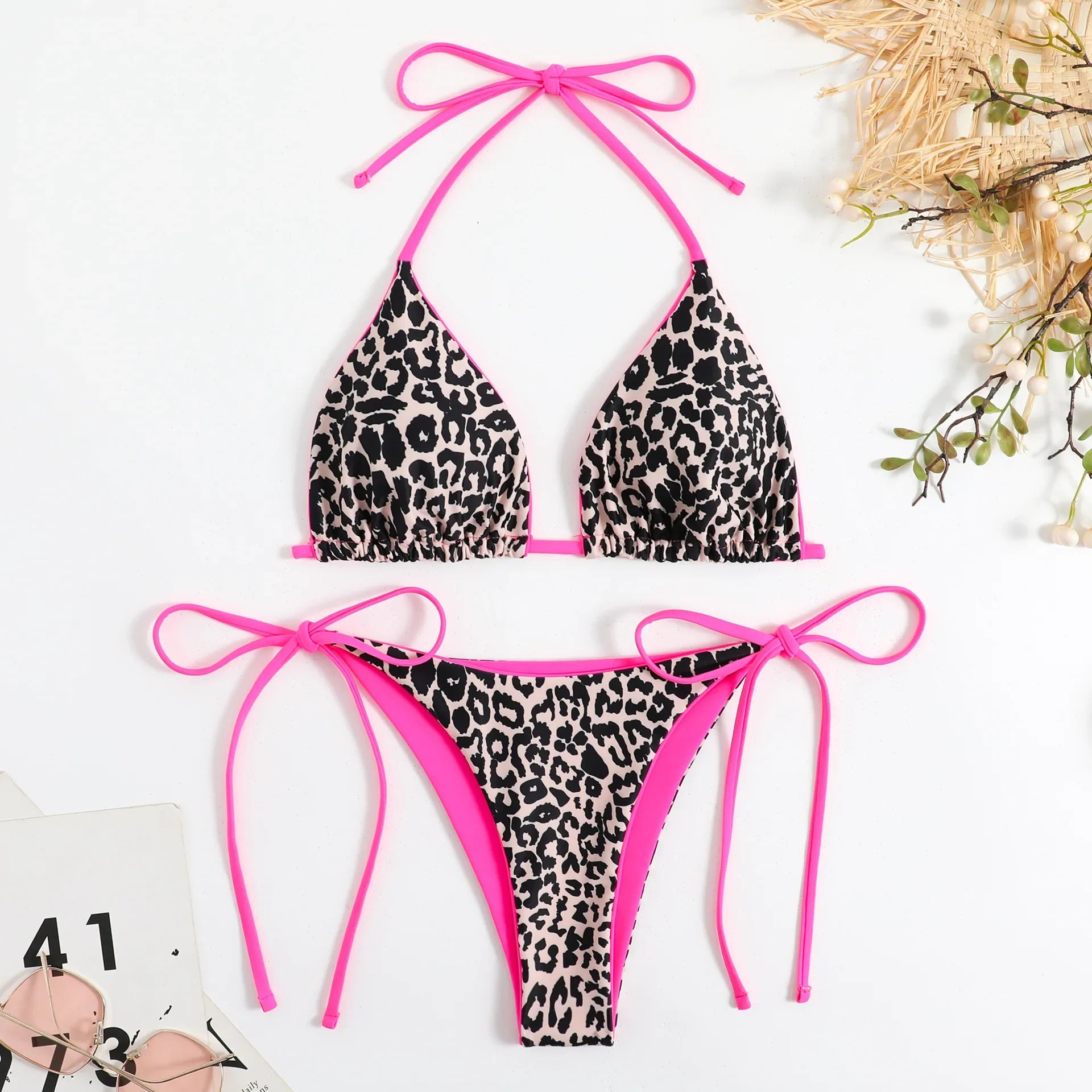 Sexy Micro Bikini 2025 Women Pink Leopard Print Neon Double Side Push Up Swimsuit Brazilian Beach Bathing Suit Thong Swimwear