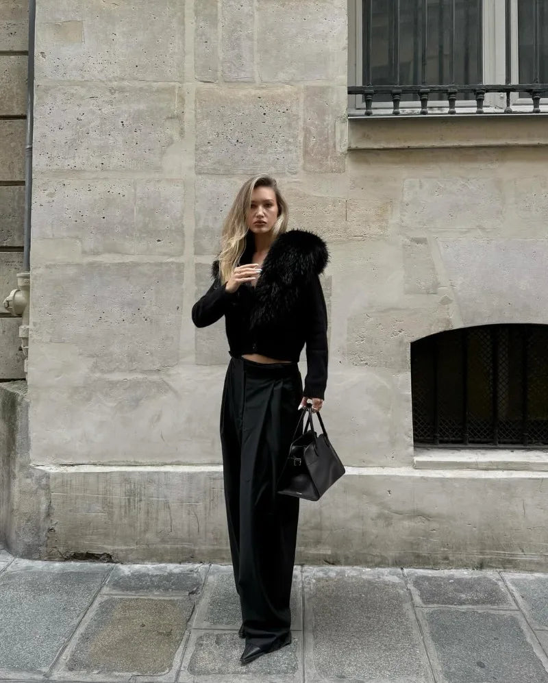 Trendix Black Knit Cardigan For Women Winter Detachable Faux Fur Collar Short Tops Street Slim Party Elegant Outerwear Top Femme