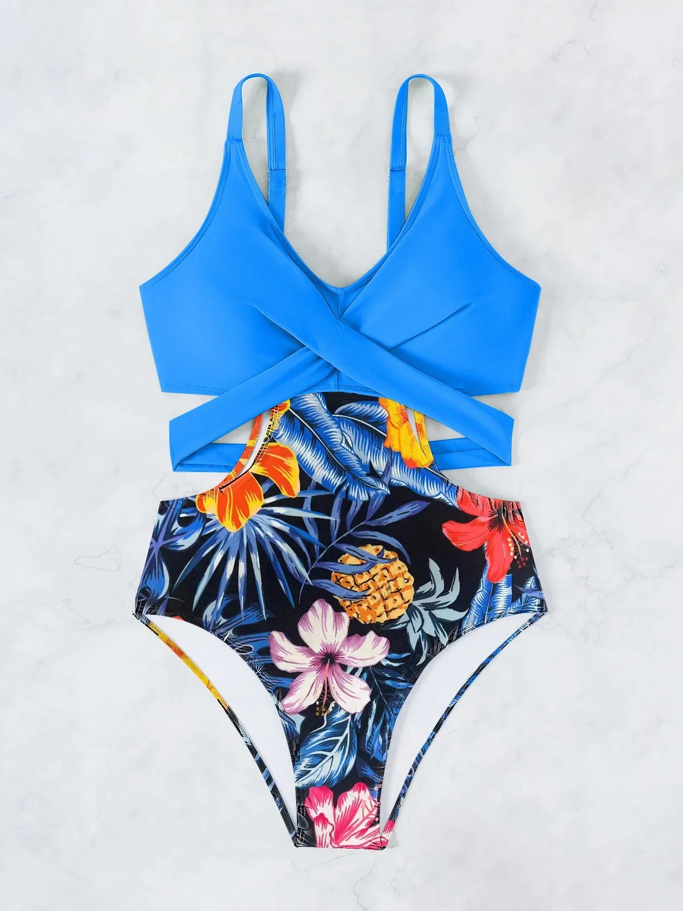 One Piece Swimsuit Women Vintage Green Floral Print Hollow Out Backless High Waist Bikini 2025 Bathing Suit Bandage Swimwear
