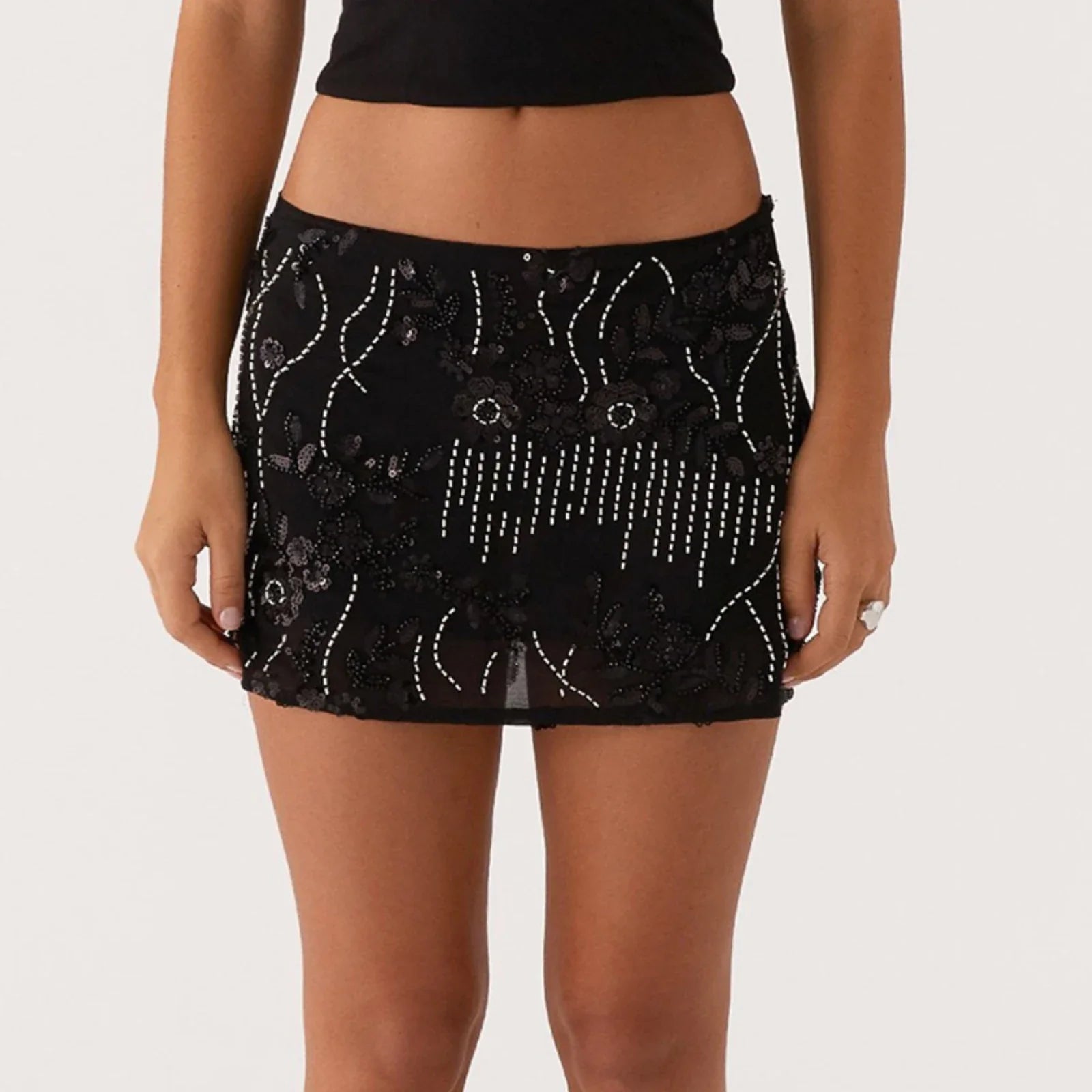 Women Sequin Mini Skirts Beaded Flower Y2k Pearl Embellished Low Rise Mini Bodycon Skirt Glitter Short Skirts Summer Streetwear