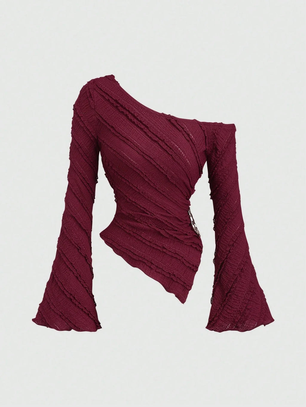 Women's Casual Textured Fabric Asymmetric Hem Flared Sleeves Blouse Commute Side Metal Decor One Shoulder Tops Spring/Fall 2026