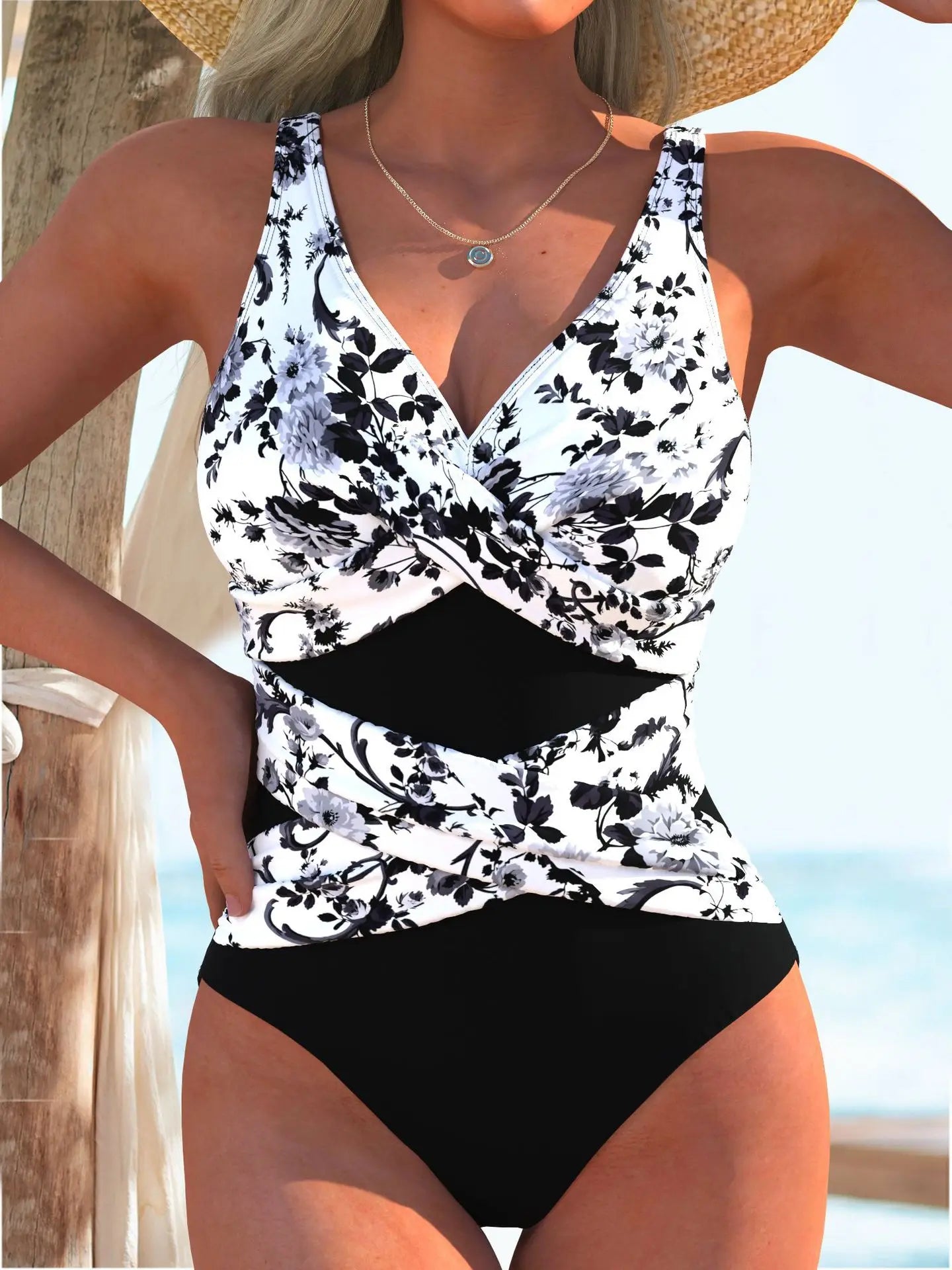 sexy Pink Floral Print Patchwork Swimwear Women 2026 V Neck Cross Tummy Control One Piece Swimsuit Beach Bathing Suit Swimwear