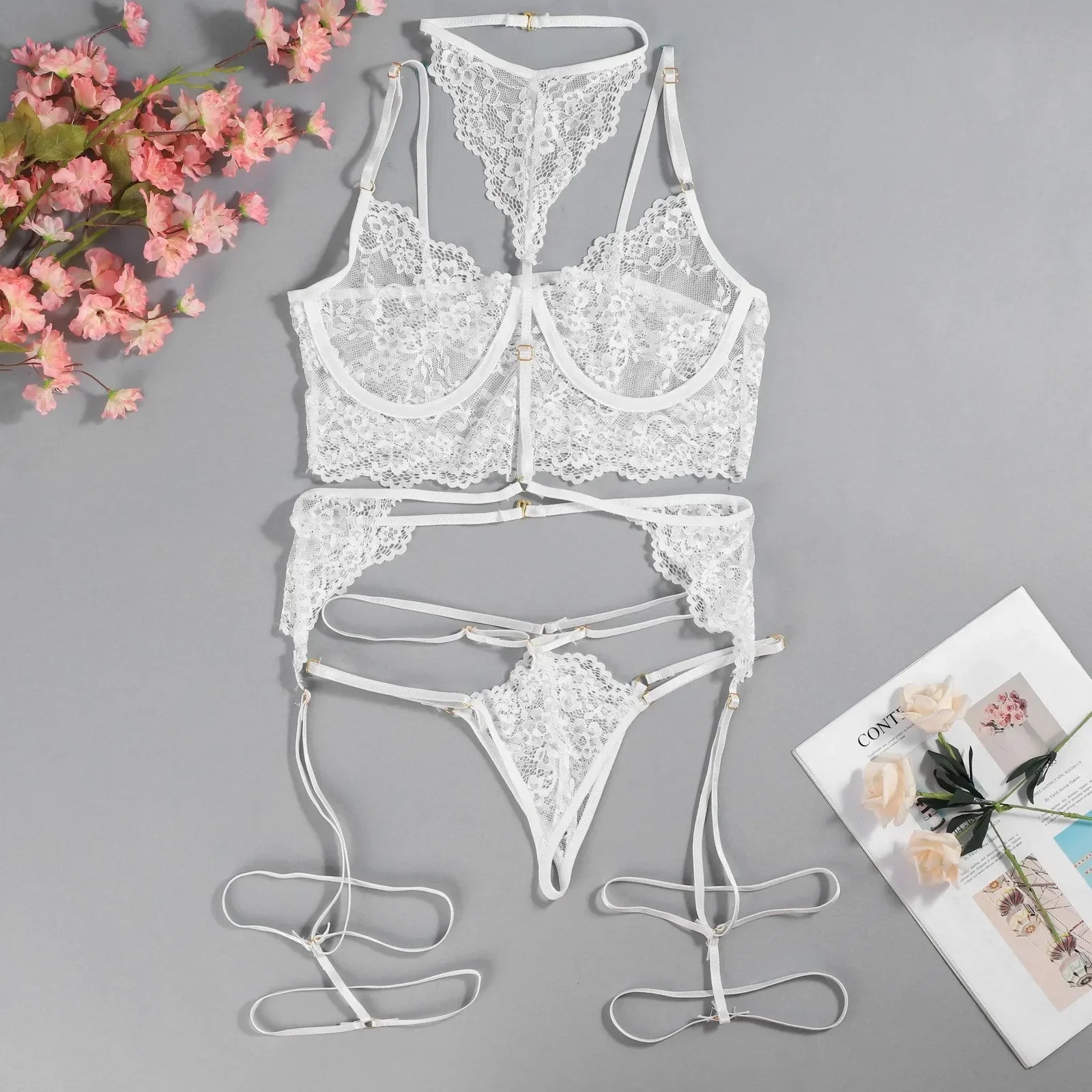3PCS Lace See Through Bra Set Women Sexy Lingerie Underwear Halter Tops Bra and Panties Garter Intimate Sex Costumes
