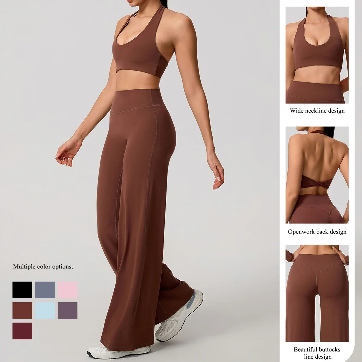Hearuisavy Summer Yoga Set 2Pcs Women Breathable Backless Halter-Neck Sports Bra Push Up Pilates Fitness Top Straight Leg Pants
