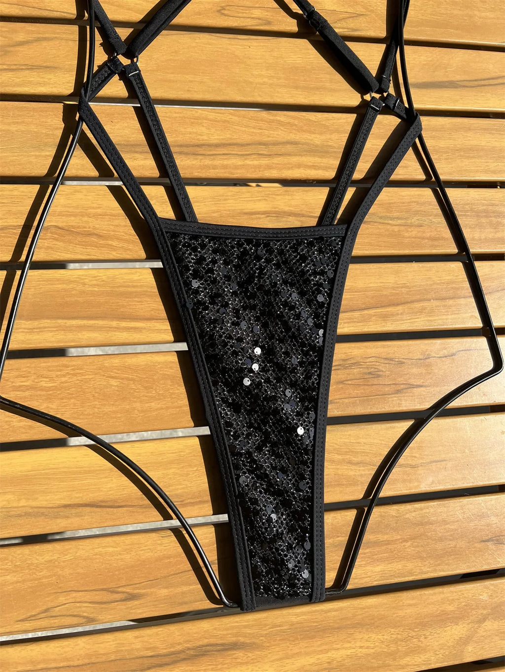Shiny Sequin Black One Piece Swimsuit 2026 Women Sexy Hollow Out Backless Thong Bikini Summer Bathing Suit Swimwear Monokini
